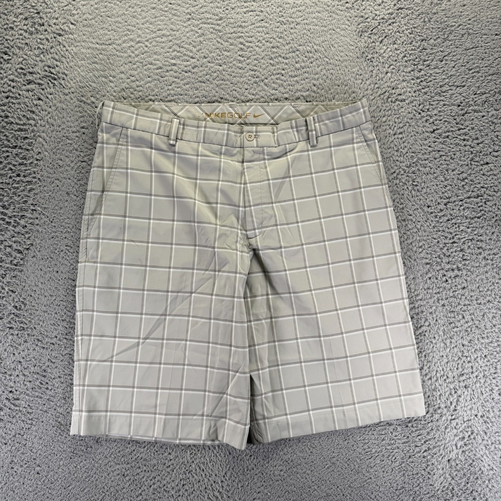 Vintage Nike Shorts Men 38 Gray Polyester Golf Plaid Swoosh Performance Stretch